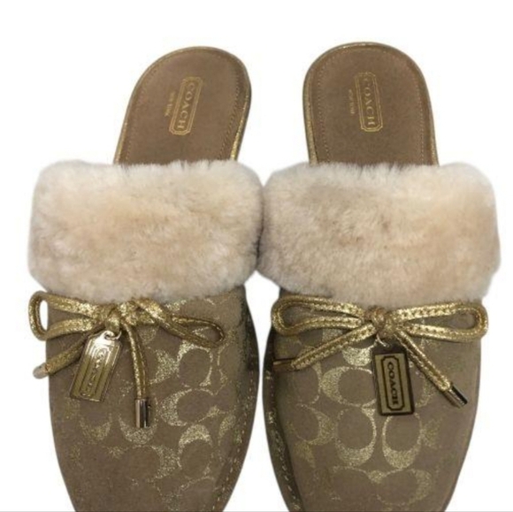 Coach Shoes - Coach Women's Darlene Tan/Gold Suede Signature Slide Slippers Size 9 NWOT